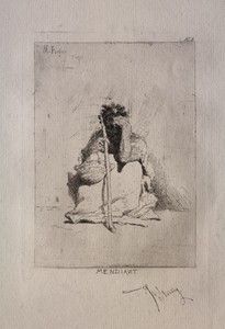 Beggar by Mariano Fortuny, created c. 1862, in etching. Download this artwork as a high-resolution wallpaper for desktop, tablet, or mobile. — Mariano Fortuny Wallpaper