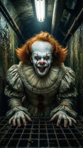 Pennywise peers up through a sewer grate with light streaming in, creating a tense moment.