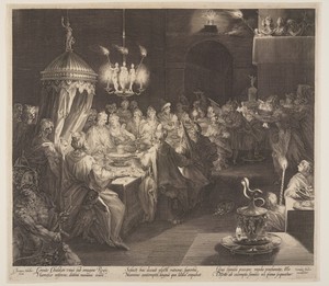 Belshazzar’s Feast by Jan Harmensz. Muller, created c. 1598, in Engraving on ivory laid paper. Download this artwork as a high-resolution wallpaper for desktop, — Illustration Background