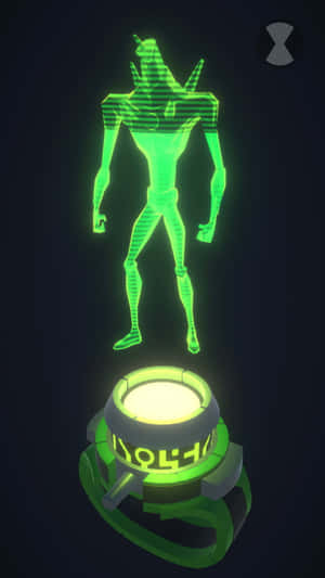 A green glowing alien stands above a glowing Omnitrix device. — Ben 10 Omnitrix Wallpaper