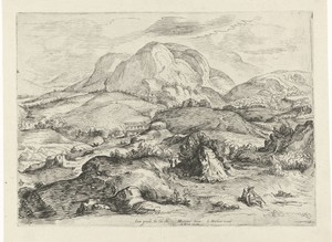 Berglandschap by Gerrit Gauw, created 1604 - 1638, in paper; etching; engraving. Download this artwork as a high-resolution wallpaper for desktop, tablet, or mo — Gerrit Gauw Wallpaper