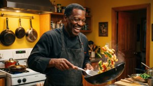Bernie Mac tertawa sambil memasak di dapur rumah.