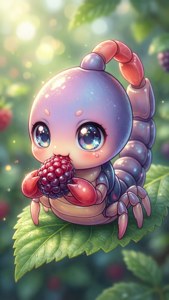 Een schattige chibi Skorupi geniet van een bes op een blad.