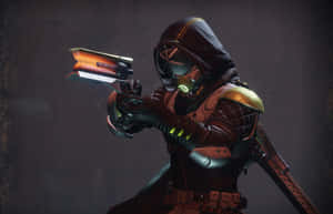 En huva bepansrad krigare siktar ett glödande orange vapen i en mörk grusig miljö. — Destiny 2 Bakgrundsbilder