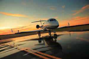 Private jet on wet runway at sunset with colorful sky reflection — Plane Desktop Picture