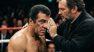 Jake LaMotta i hjørnet sitt som blir tatt hånd om under en kamp.
