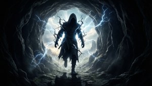 Gambar surealis tentang sosok bayangan yang melangkah dari portal gelap menuju dunia yang terang.