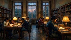 Estudantes lendo na biblioteca BHU ao crepúsculo com luz de lâmpada e céu do entardecer