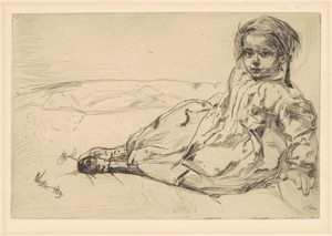 Bibi Valentin by James McNeill Whistler, created 1859, in etching and drypoint in black on laid paper. Download this artwork as a high-resolution wallpaper for — James McNeill Whistler Wallpaper
