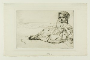 Bibi Valentin by James McNeill Whistler, created 1859, in Etching and drypoint in black ink with foul biting on ivory laid paper. Download this artwork as a hig — Illustration Wallpaper