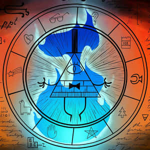 A blue triangle with an eye and bowtie surrounded by a wheel of mystical symbols and handwritten notes. — Bill Cipher Picture
