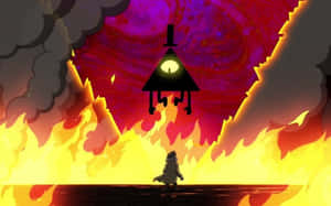 En liten figur står inför en brinnande avgrund med ett svävande glödande hus ovanför. — Bill Cipher Bilder