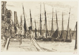 Billingsgate by James McNeill Whistler, created 1859, in Etching and drypoint; ink on paper. Download this artwork as a high-resolution wallpaper for desktop, t — James McNeill Whistler Wallpaper
