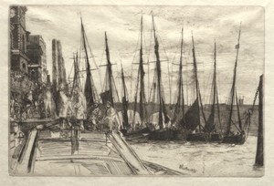 Billingsgate by James McNeill Whistler, created 1859, in etching. Download this artwork as a high-resolution wallpaper for desktop, tablet, or mobile. — Art Wallpaper