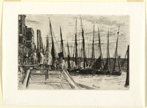 Billingsgate by James McNeill Whistler, created 1859, in Etching and drypoint on white laid paper. Download this artwork as a high-resolution wallpaper for desk — James McNeill Whistler Wallpaper