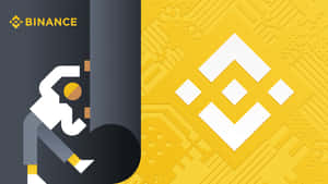 Binance logo with abstract human figure pushing against a pillar on a yellow circuit background. — Binance Wallpaper