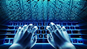 Hands typing on a keyboard with falling binary code in blue light. — Non Binary Wallpaper