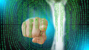 A fist breaking through falling green digital code in a cyberpunk style. — Non Binary Wallpaper