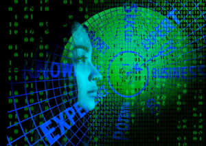 Woman's face in digital grid with binary code and tech words. — Non Binary Wallpaper