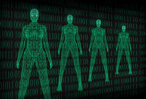 Four glowing green digital human figures against a binary code background. — Binary Wallpaper