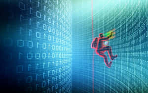 A red hacker silhouette scaling a glowing digital wall of binary code. — Non Binary Wallpaper