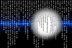 A glowing sphere covered in binary code against a digital data stream background. — Non Binary Wallpaper
