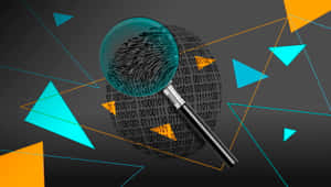 Magnifying glass focusing on a fingerprint over binary code with colorful triangles. — Binary Wallpaper