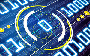 Interface digital futurista com código binário e elementos circulares brilhantes. — Programação Papéis de Parede