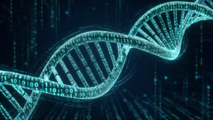 Heliks DNA yang terbuat dari kode biner, mewakili bioinformatika.