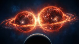 Dramatisk binært stjernesystem med plasmastrømmer og en planet i forgrunnen