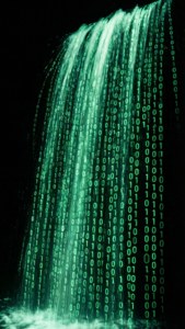 Un fond d'écran inspiré de Matrix avec du code binaire en cascade.