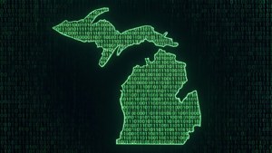Michigan outline composed of binary code.