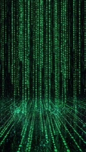 Pluie de code binaire abstraite style Matrix en néon vert sur fond noir