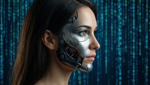 Woman with half robotic face against digital code background