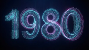 En abstrakt digital våg av binär kod som bildar talet 1980