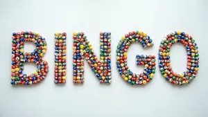 En typografisk design där färgglada bingokulor bildar ordet BINGO.