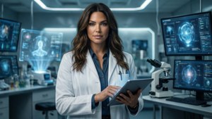Ammattimainen ja tyylikäs taustakuva Ashley Grahamista tiedemiehenä huipputeknisessä laboratoriossa.