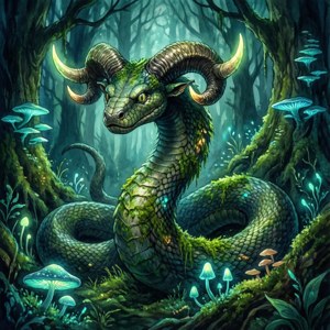 Behornad orm som kommer fram ur mörk skog med bioluminescerande svamp och mossa som lyser på dess kropp.