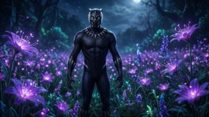 Zwarte panter in een veld met paarse gloeiende bloemen 's nachts, bioluminescente mystieke wallpaper
