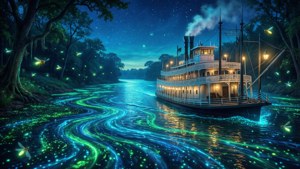 Mississippi fantastique avec eau bioluminescente et bateau à vapeur fantôme