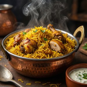 Lækker nærbillede af Karachi-stil kylling biryani.