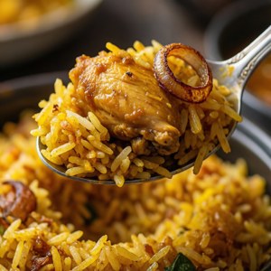 Close-up menggoda dari sesendok biryani ayam dengan nasi dan ayam