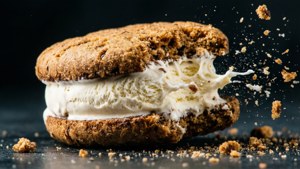 En pepperkakekake-sandwich sprekker med vaniljeis og flygende smuler.