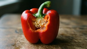 Makro paprika merah dengan bekas gigitan, memperlihatkan daging bagian dalam di atas meja pedesaan.