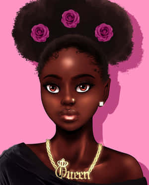 Eine schwarze Frau mit Afro-Haar und lila Rosen trägt eine goldene 'Queen'-Halskette vor rosa Hintergrund. — Black Girl Magischer Hintergrundbilder Wallpaper