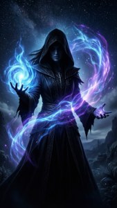 Mystisk Black Mage från Final Fantasy som kastar en trollformel på natten.