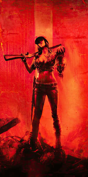 A woman in dark clothing holds a shotgun and a severed head against a red background.