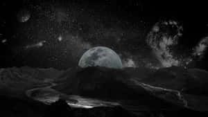 Monochrome Alienberge unter einem Sternenhimmel mit einem großen Mond und Nebeln. — Dark Nature Bilder Hintergrund Wallpaper