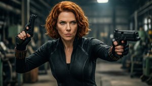Rachel Weisz Melinana Black Widow -elokuvasta toimintaiskussa aseiden kanssa.
