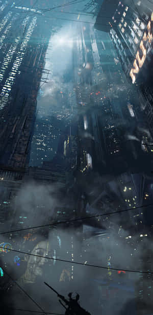 Eine dunkle futuristische Stadt mit Neonlichtern und einer einsamen bewaffneten Gestalt im Nebel. — Dystopian Wallpaper